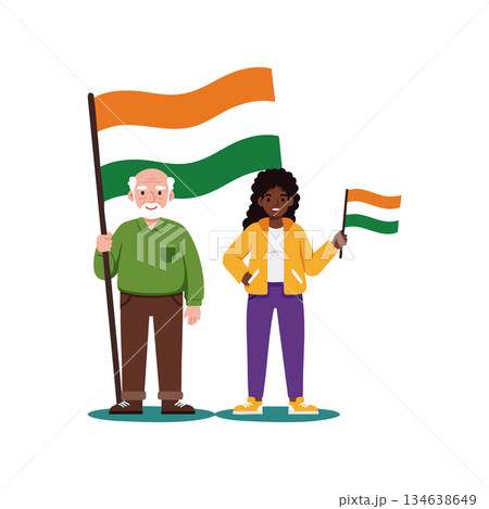 Indian flag celebration with elderly man and young woman holding tricolor flags in patriotic scene vector illustration 134638649