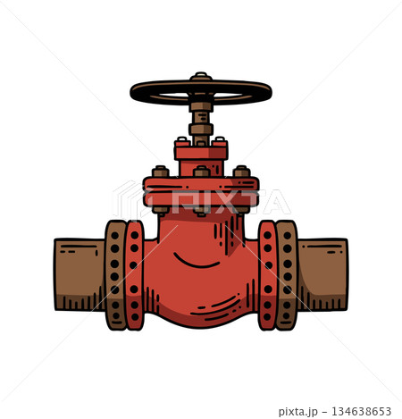 Industrial red water valve with brown pipes mechanical engineering and plumbing equipment vector illustration Industrial red water valve with brown pipes mechanical engineering and plumbing equipment vector illustration 134638653