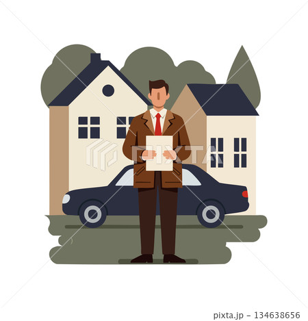 Real estate agent holding documents standing by car with houses in background vector illustration Real estate agent holding documents standing by car with houses in background vector illustration 134638656