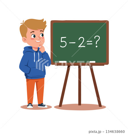 Boy thinking about math subtraction problem on green chalkboard in casual clothes vector illustration 134638660