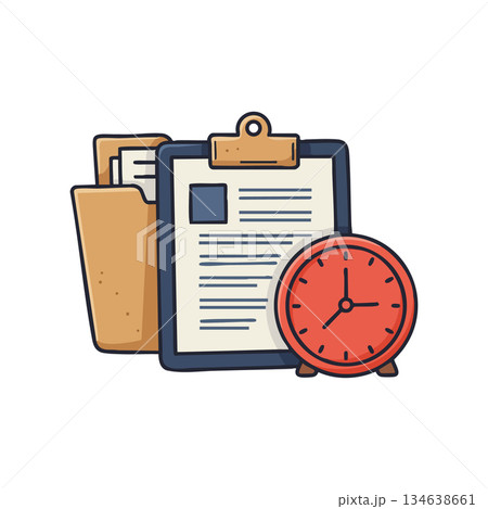 Clipboard with documents and red clock icon for time management and organization vector illustration Clipboard with documents and red clock icon for time management and organization vector illustration 134638661