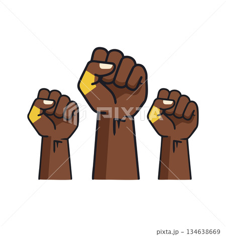 Raised fists symbolizing unity and resistance with brown skin tones and yellow highlights empowering social justice movements vector illustration 134638669