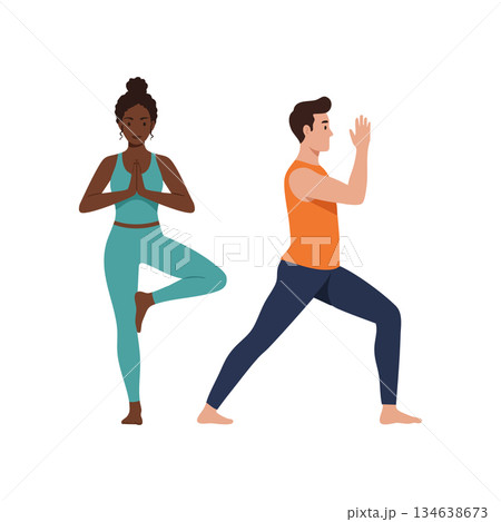 Diverse couple practicing yoga poses for fitness and meditation in casual sportswear vector illustration 134638673
