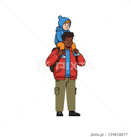 Father carrying son on shoulders in casual winter clothing with backpack and blue hat vector illustration 134638677