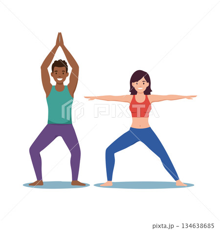 Diverse couple practicing yoga poses together for fitness and wellness healthy lifestyle vector illustration 134638685