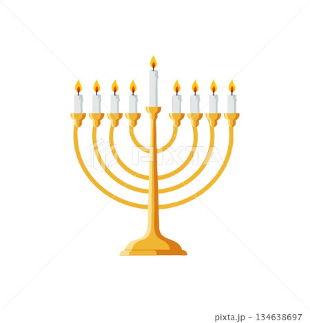 Menorah with nine lit candles symbolizing Jewish holiday Hanukkah festive celebration vector illustration 134638697