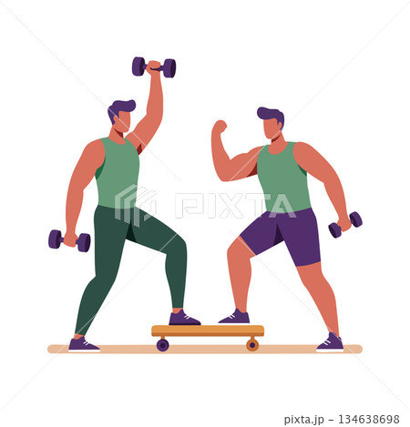 Men exercising with dumbbells and skateboard fitness training in gym vector illustration 134638698