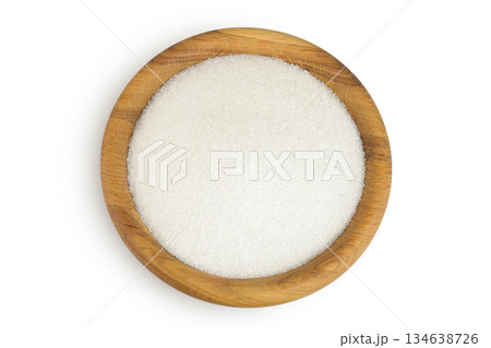 White sugar in wooden bowl isolated on white background. Top view. Flat lay 134638726