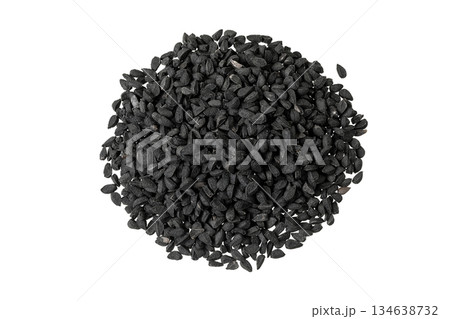 Nigella sativa or Black cumin isolated on white background. Top view. Flat lay 134638732