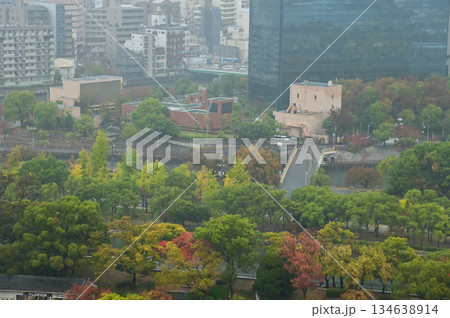 Top view of Osaka cityscape from Osaka Castle in rainy day in autumn, Osaka, Japan. Major tourist attraction in Kansai region in Japan. Travel concept. Japan cityscape. Top view of Osaka cityscape from Osaka Castle in rainy day in autumn, Osaka, Japan. Major tourist attraction in Kansai region in Japan. Travel concept. Japan cityscape. 134638914
