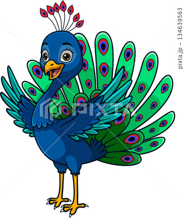 Happy Cartoon Peacock with Vibrant Feathers 134639563