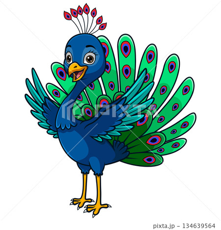 Happy Cartoon Peacock with Vibrant Feathers 134639564