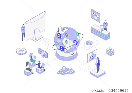 Social network isometric concept in outline isometry design for web. People communicating online with global friends, subscribing to blog profiles, likes, shares of new posts. Vector illustration. Social network isometric concept in outline isometry design for web. People communicating online with global friends, subscribing to blog profiles, likes, shares of new posts. Vector illustration. 134639632
