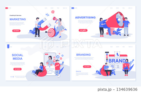 Marketing and advertising web concept for landing page in flat design. Social media promotion, branding and business identity, e-commerce. Vector illustration with people characters for homepage Marketing and advertising web concept for landing page in flat design. Social media promotion, branding and business identity, e-commerce. Vector illustration with people characters for homepage 134639636