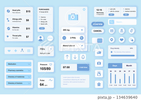 User interface elements set for Medical mobile app or web. Kit template with HUD, online pharmacy, pills medication, purchase, doctor consultation, statistic. Pack of UI, UX, GUI. Vector components. 134639640