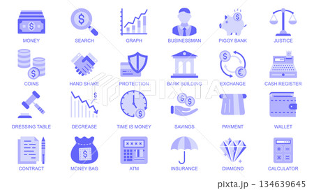 Business and finance web icons set in duotone flat design. Pack pictograms with money, graph, businessman, piggy bank, justice, coins, handshake, exchange, cash, diamond, other. Vector illustration. Business and finance web icons set in duotone flat design. Pack pictograms with money, graph, businessman, piggy bank, justice, coins, handshake, exchange, cash, diamond, other. Vector illustration. 134639645