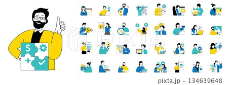 Digital business concept with character situations mega set in flat web design. Bundle of scenes people developing e-business, chatting with clients, make advertising online. Vector illustrations. 134639648