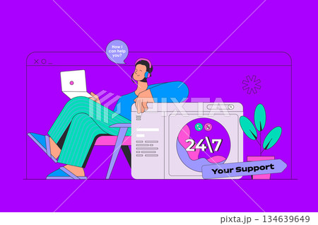 Online support concept in modern flat design for web. Operator answering clients calling, chatting and solving technical problems. Vector illustration for social media banner, marketing material. 134639649