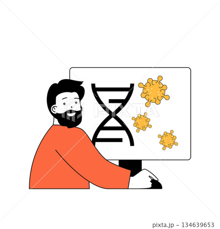 Coronavirus concept with cartoon people in flat design for web. Man making scientific research and laboratory experiment with covid. Vector illustration for social media banner, marketing material. 134639653