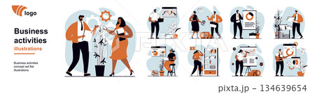 Business activities concept with people scenes mega set in flat web design. Bundle of character situation with discussing tasks, analyze data, develop project, create strategy. Vector illustrations. 134639654