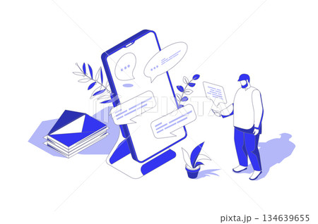 Messaging service 3d isometric concept in isometry graphic design for web. People scene with man using app for sending and receiving emails and messages, corresponds online. Vector illustration. 134639655