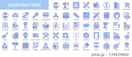 Construction web icons set in duotone outline stroke design. Pack pictograms with builder, tower crane, blueprint, tool, dump truck, skyscraper, wheelbarrow, engineer, house, key. Vector illustration. Construction web icons set in duotone outline stroke design. Pack pictograms with builder, tower crane, blueprint, tool, dump truck, skyscraper, wheelbarrow, engineer, house, key. Vector illustration. 134639660