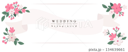Wedding horizontal web banner. Abstract pink flowers and bouquets with decoration ribbon. Pastel elegant marriage invitation. Vector illustration for header website, cover templates in modern design Wedding horizontal web banner. Abstract pink flowers and bouquets with decoration ribbon. Pastel elegant marriage invitation. Vector illustration for header website, cover templates in modern design 134639661