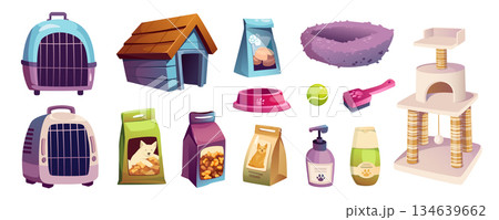 Pet shop mega set in cartoon graphic design. Bundle elements of cats and dogs care items, carriers, kennel, foods, bowl, shampoo, toys, house with scratching post. Vector illustration isolated objects 134639662