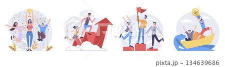 Leadership concept with people scenes set in flat web design. Collection of character situation with businesswoman and businessman achieve career goals and getting victory. Vector illustrations. 134639686