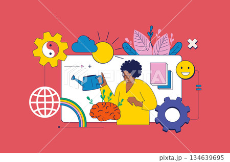 Mental health concept in flat neo brutalism design for web. Woman cares about es brain and emotions, supporting herself for happy. Vector illustration for social media banner, marketing material. Mental health concept in flat neo brutalism design for web. Woman cares about es brain and emotions, supporting herself for happy. Vector illustration for social media banner, marketing material. 134639695