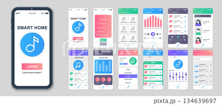 Music mobile app screens set for web templates. Pack of songs playlist, online media player, album streaming, equalizer settings. UI, UX, GUI user interface kit for cellphone layouts. Vector design 134639697