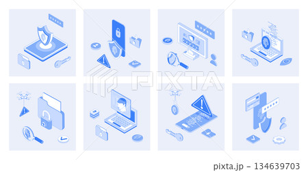 Cyber security 3d isometric concept set with isometric icons design for web. Collection of fingerprint scan verification, password lock access, hacker attack guarding software. Vector illustration Cyber security 3d isometric concept set with isometric icons design for web. Collection of fingerprint scan verification, password lock access, hacker attack guarding software. Vector illustration 134639703