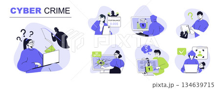 Cyber crime concept set for web design. Collection with people suffering from stealing data, hacking credit cards, phishing and hackers attacks. Flat vector illustration isolated on white background. Cyber crime concept set for web design. Collection with people suffering from stealing data, hacking credit cards, phishing and hackers attacks. Flat vector illustration isolated on white background. 134639715