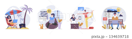 Freelance concept with people scenes set in flat web design. Collection of character situation with freelancers working online while travelling, doing tasks distantly and relax. Vector illustrations. 134639718