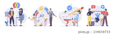 Teamwork concept with people scenes set in flat web design. Collection of character situation with team cooperating and brainstorming, discussing goals, doing job challenges. Vector illustrations. 134639733