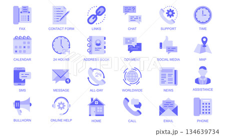 Contact us web icons set in duotone flat design. Pack pictograms with fax, contract form, links, chat, support, calendar, address book, comment, social media, call, sms, other. Vector illustration. 134639734