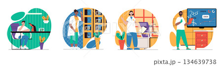 Chemical laboratory concept with people scenes set in flat web design. Bundle of character situations with scientists making chemistry experiments, medical or genetic tests. Vector illustrations. 134639738