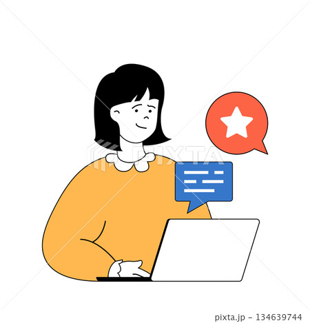 Social media concept with cartoon people in flat design for web. Woman answering messages and comments, getting stars and likes. Vector illustration for social media banner, marketing material. Social media concept with cartoon people in flat design for web. Woman answering messages and comments, getting stars and likes. Vector illustration for social media banner, marketing material. 134639744