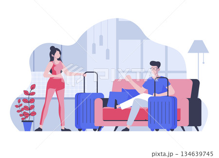 Travel vacation concept with cartoon people in flat design for web. Woman and man with suitcases luggage preparing for summer trip. Vector illustration for social media banner, marketing material. 134639745