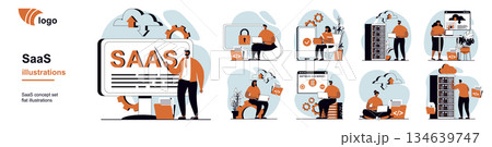 SaaS concept with people scenes mega set in flat web design. Bundle of character situation with users use software as a service, subscription to programs with cloud storage. Vector illustrations. SaaS concept with people scenes mega set in flat web design. Bundle of character situation with users use software as a service, subscription to programs with cloud storage. Vector illustrations. 134639747