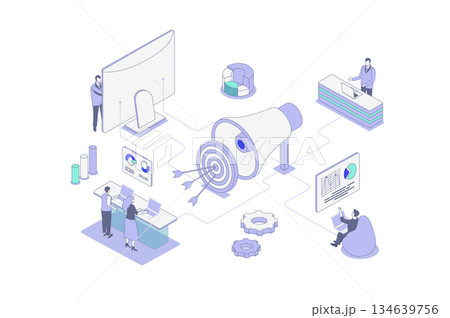 Digital marketing isometric concept in outline isometry design for web. People attracting audience, targeting goals, making online promotion and advertising in social networks. Vector illustration. Digital marketing isometric concept in outline isometry design for web. People attracting audience, targeting goals, making online promotion and advertising in social networks. Vector illustration. 134639756