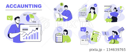 Accounting concept set for web design. Collection with people making financial balance review, tax calculation, banking and investing money. Flat vector illustration isolated on white background. 134639765
