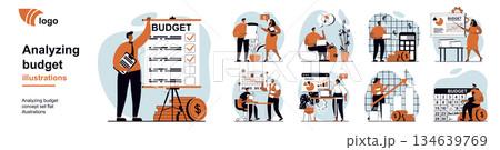 Analyzing budget concept with people scenes mega set in flat web design. Bundle of character situation with bookkeeping doing accounting, calculate financial statistics in report. Vector illustrations Analyzing budget concept with people scenes mega set in flat web design. Bundle of character situation with bookkeeping doing accounting, calculate financial statistics in report. Vector illustrations 134639769