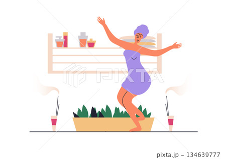 Spa salon web concept with people scene in flat design. Woman in towels relaxing and enjoying aromatherapy procedure and body skin care pampering. Vector illustration with character situation for web Spa salon web concept with people scene in flat design. Woman in towels relaxing and enjoying aromatherapy procedure and body skin care pampering. Vector illustration with character situation for web 134639777