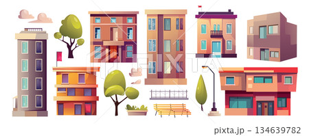City infrastructure mega set in cartoon graphic design. Bundle elements of residential houses, office skyscrapers, shop buildings with showcase, trees, lanterns. Vector illustration isolated objects 134639782