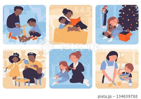 Family activity concept with people situation set in flat web design. Bundle scenes with multiethnic diverse characters of play teatime, read boo, cooking, rest on picnic, other. Vector illustrations. Family activity concept with people situation set in flat web design. Bundle scenes with multiethnic diverse characters of play teatime, read boo, cooking, rest on picnic, other. Vector illustrations. 134639788