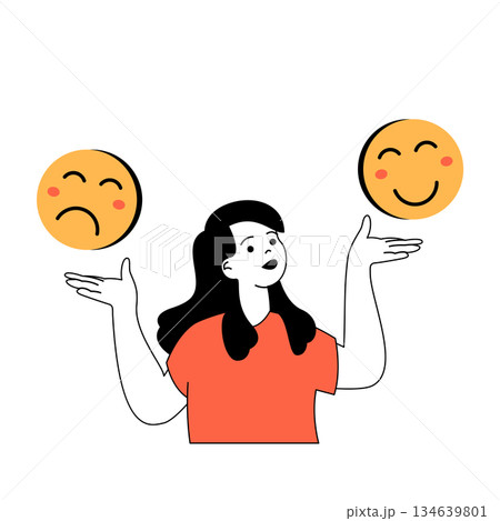 Mental health concept with cartoon people in flat design for web. Woman choosing between sad and happy emoticon masks expressions. Vector illustration for social media banner, marketing material. 134639801