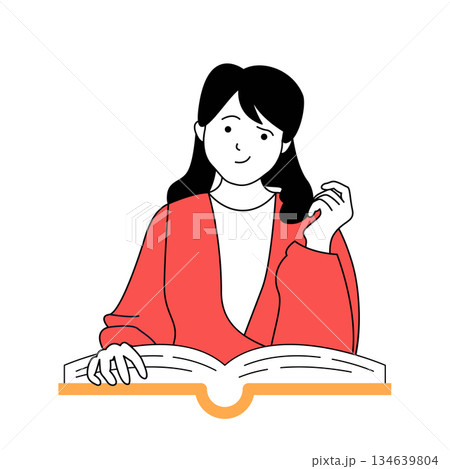 School learning concept with cartoon people in flat design for web. Student reading open book, making homework, learning with textbook. Vector illustration for social media banner, marketing material. 134639804