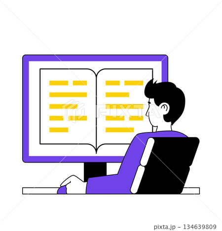 Book reading concept with cartoon people in flat design for web. Man reads e-book at computer screen, researching electronic textbooks. Vector illustration for social media banner, marketing material. 134639809