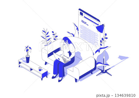 Online reading 3d isometric concept in isometry graphic design for web. People scene with woman reading e-books or digital information using laptop, learning with textbook app. Vector illustration. 134639810